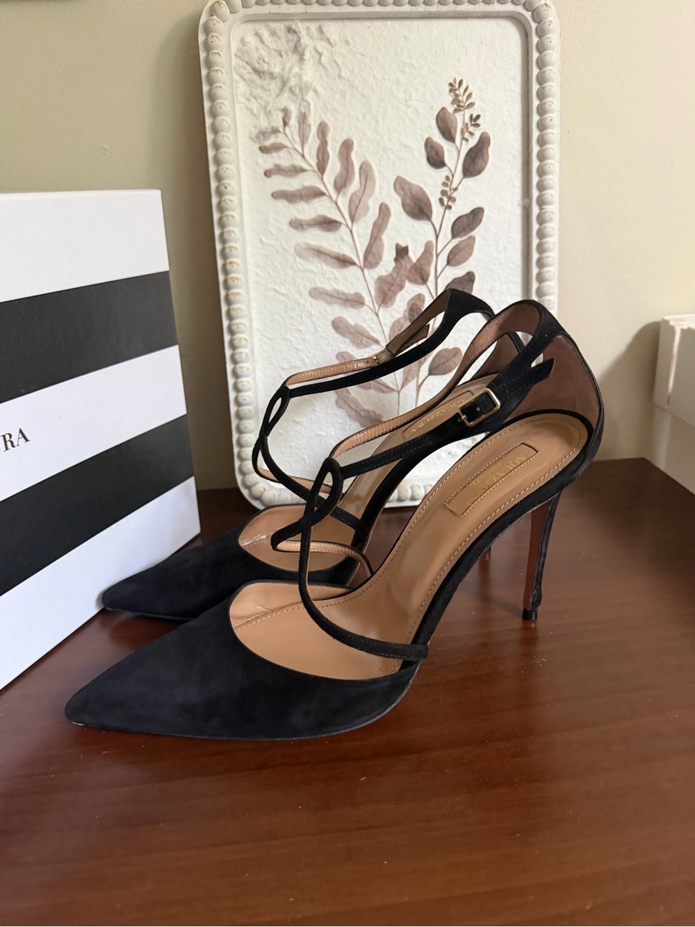 Aquazzura Black Suede Loop T-Strap Heels | Size 9